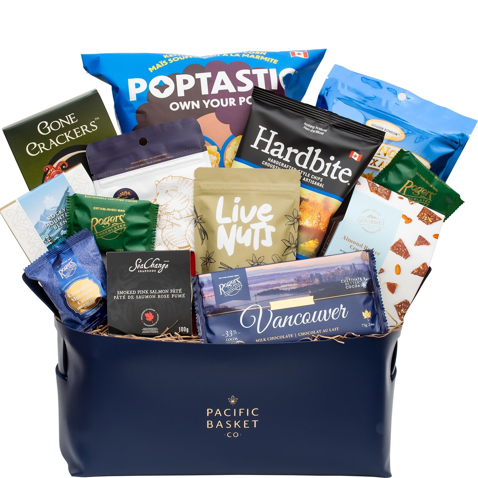 BC Gourmet snacks blue gift basket 