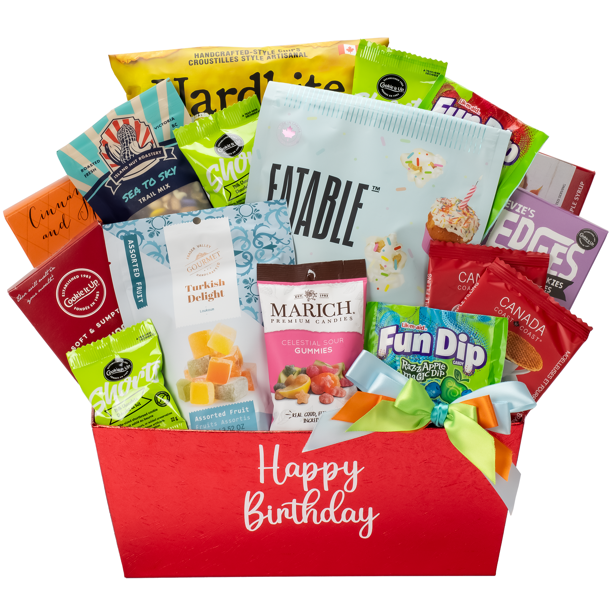 Colorful birthday gift basket with Happy birthday decal and snack foods.