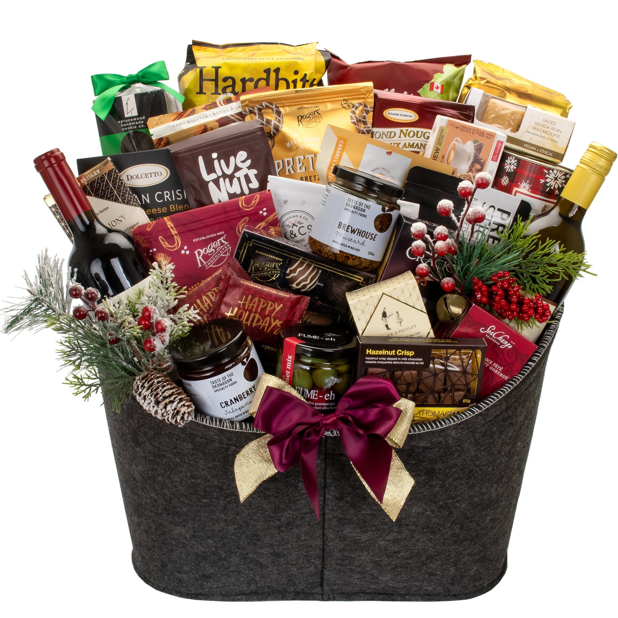 Festive Holiday gift basket with gourmet Christmas snacks, wine and cheese.