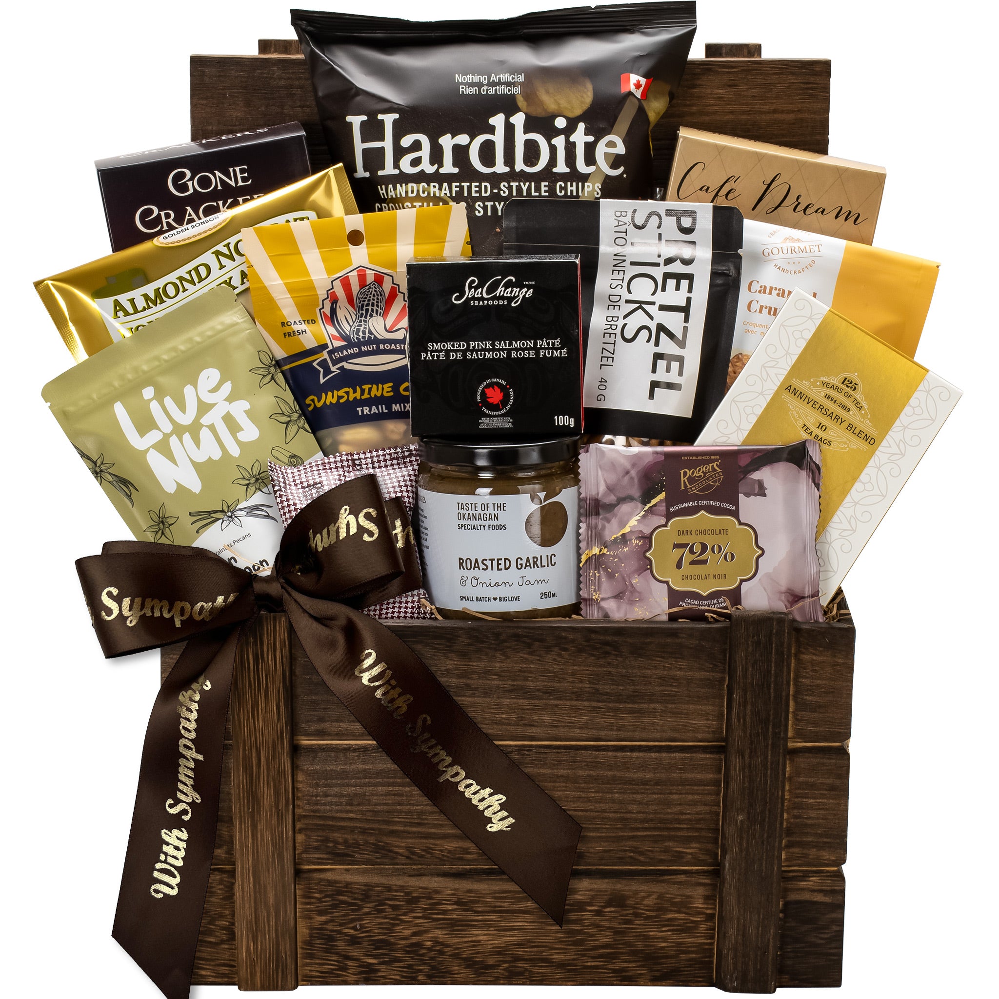 Best of BC gourmet gift basket with sympathy ribbon