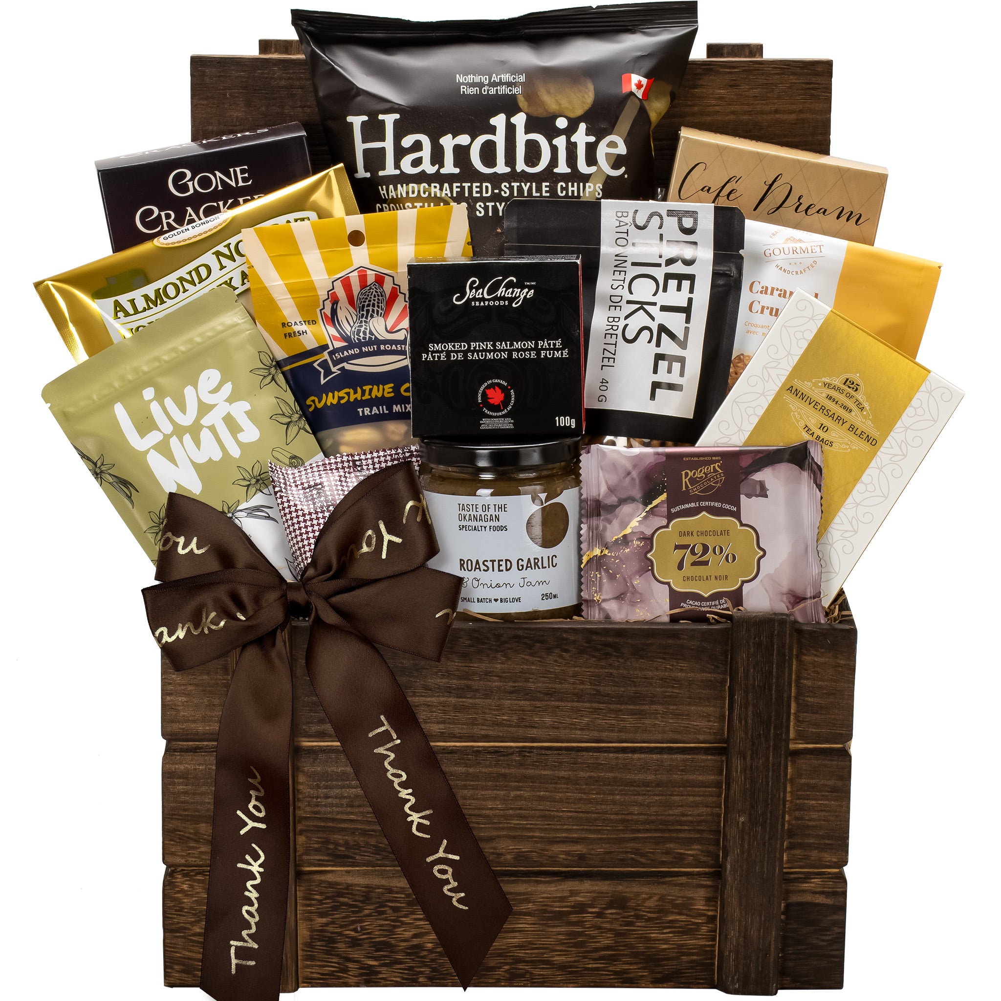 gourmet wooden crate with brown thank you ribbon