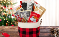 Holiday gift basket with tree background