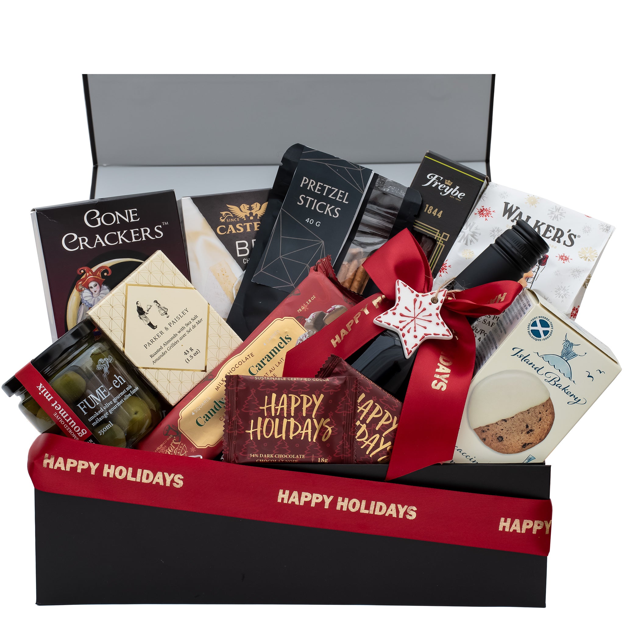 Christmas gift box with wine, cheese and gourmet treats