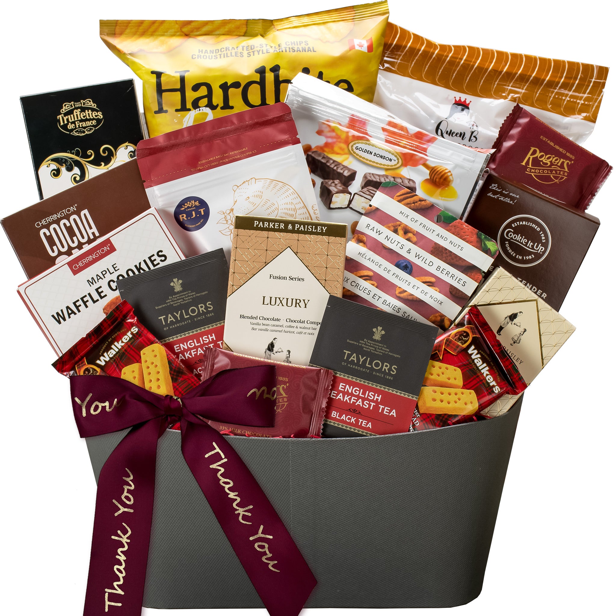 Gift basket with Thank You burgundy personalized ribbon