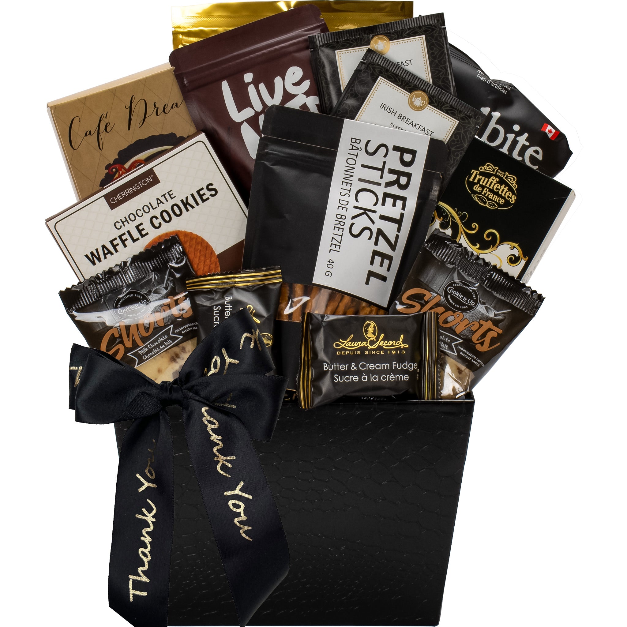 Gourmet gift basket with black Thank You personalized ribbon 