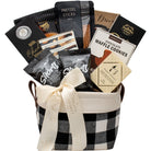 Black and white checkered basket filled with Canadian gourmet treats 