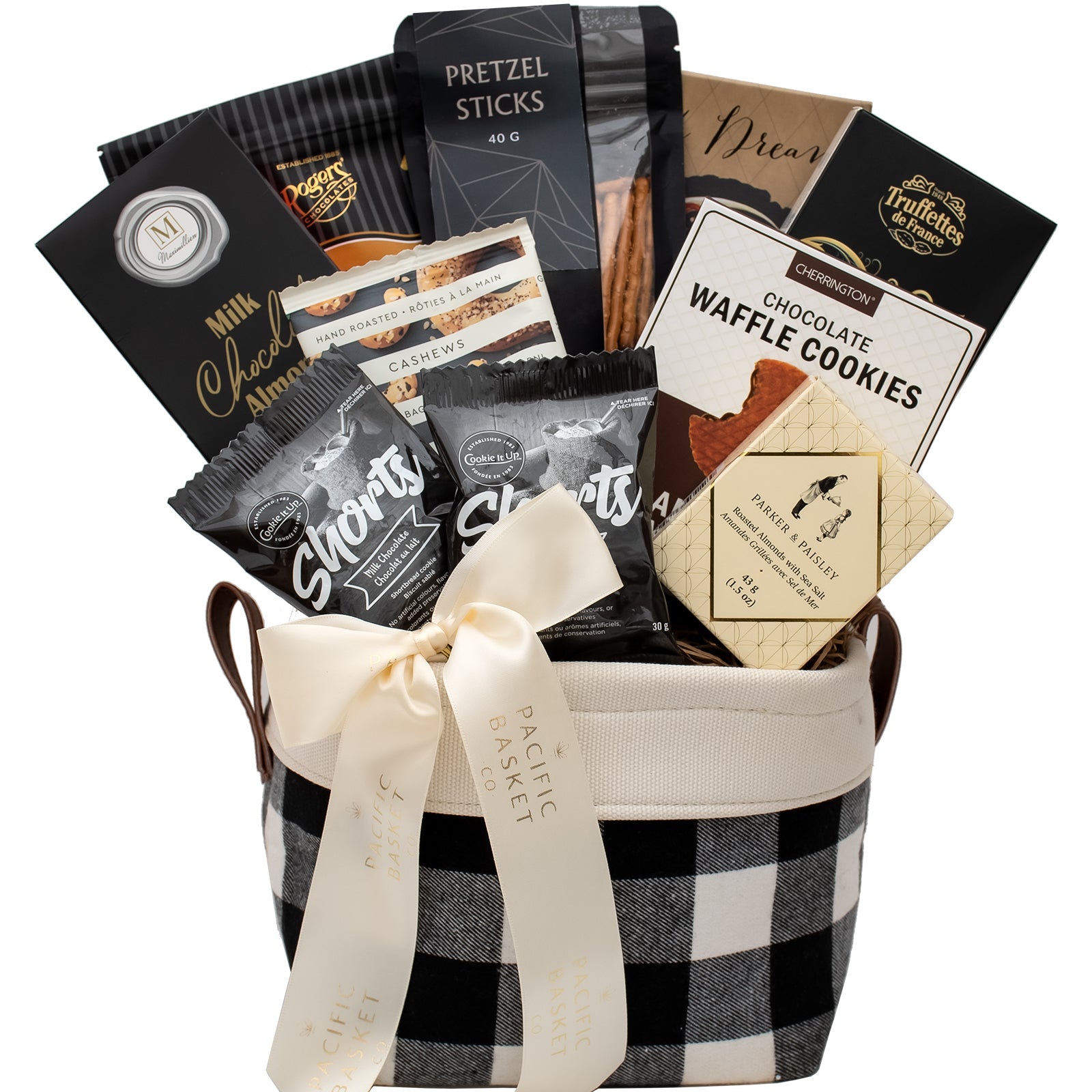 Black and white checkered basket filled with Canadian gourmet treats 