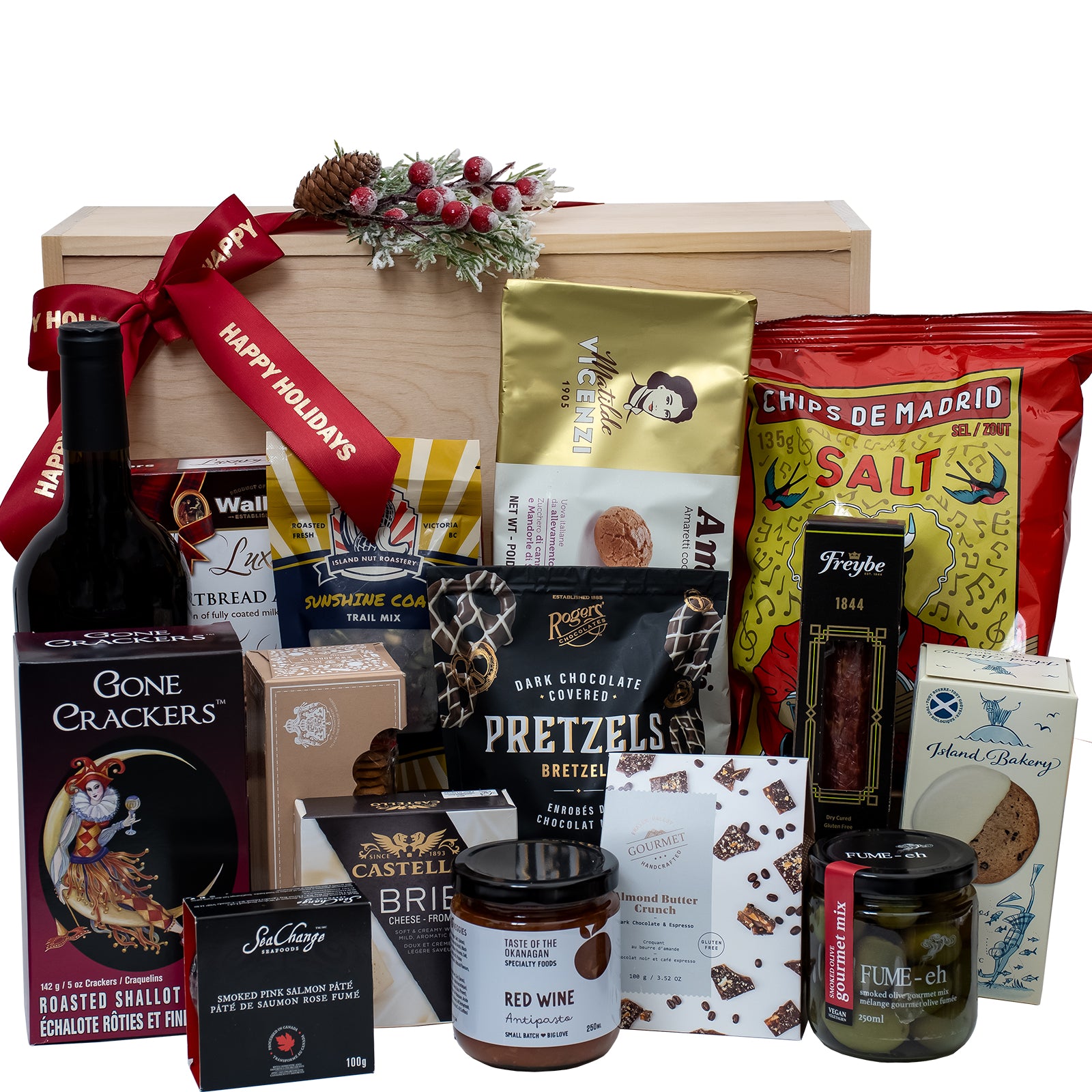 Holiday office sharing gift box with wine and gourmet treats