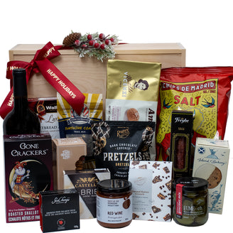 Holiday office sharing gift box with wine and gourmet treats