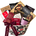 indigenous art bowl with gourmet products and burgundy thank you ribbon