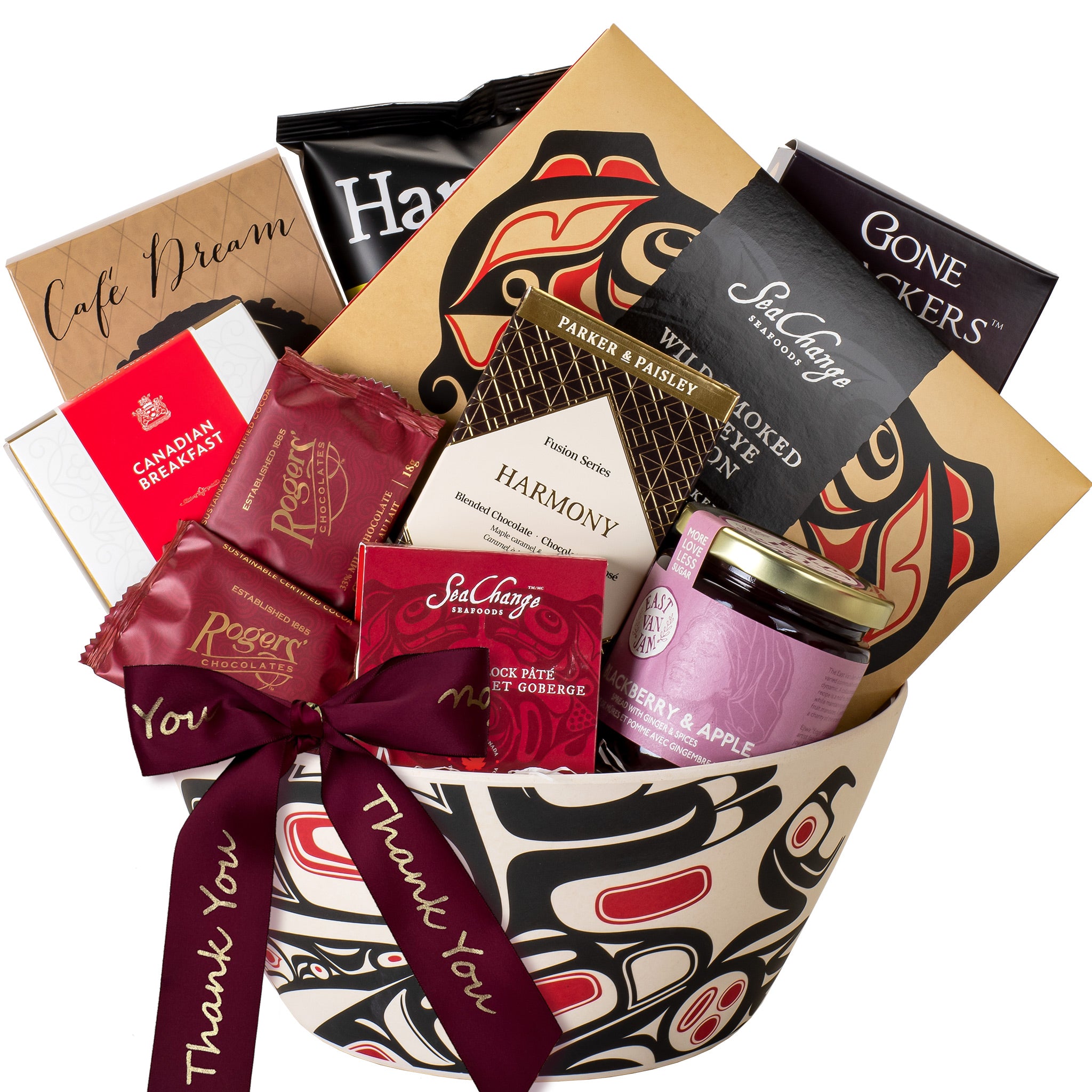 indigenous art bowl with gourmet products and burgundy thank you ribbon