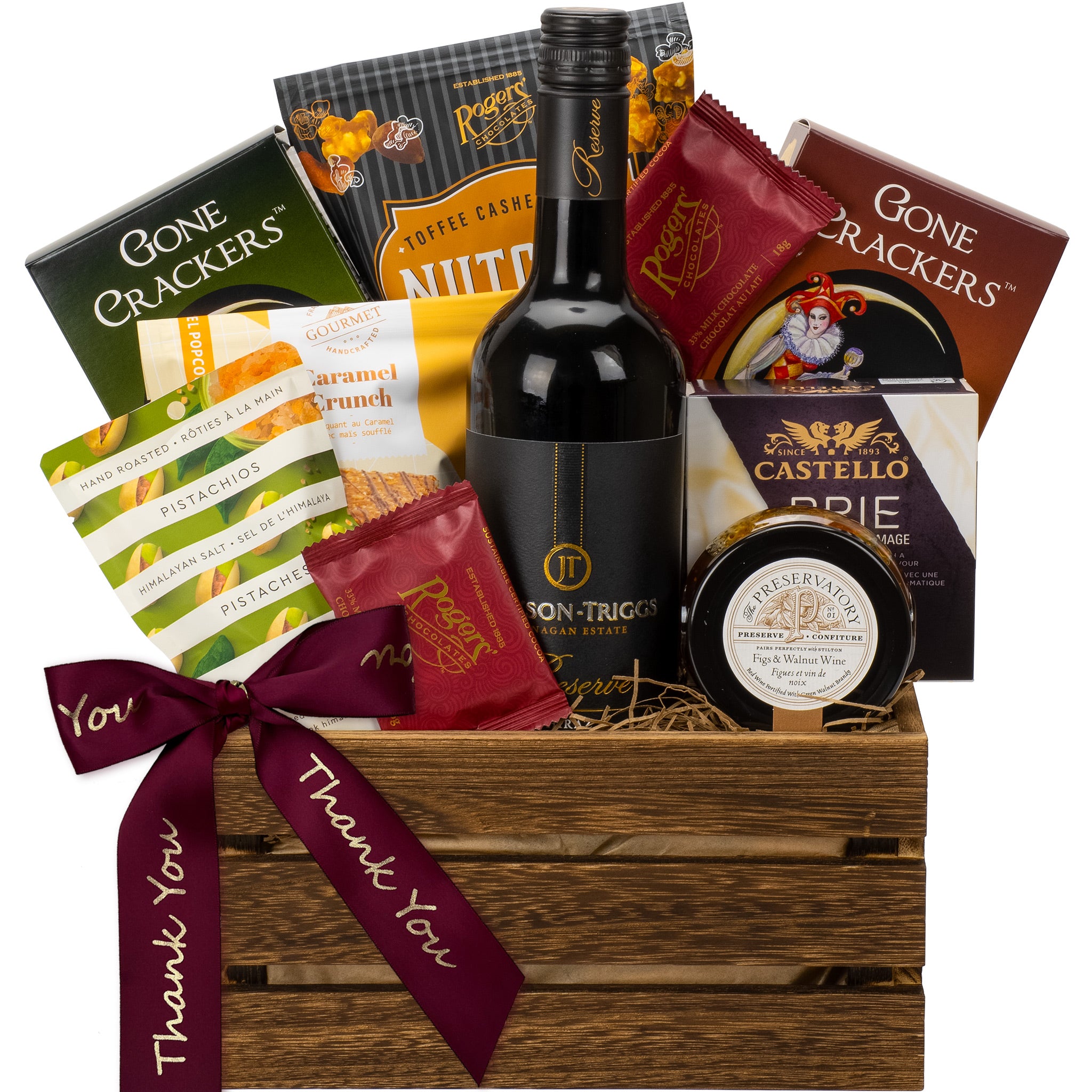 wooden crate with wine, gourmet products and thank you ribbon