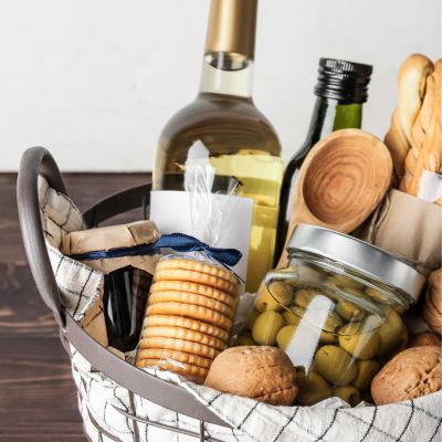 wine crackers olives gift basket