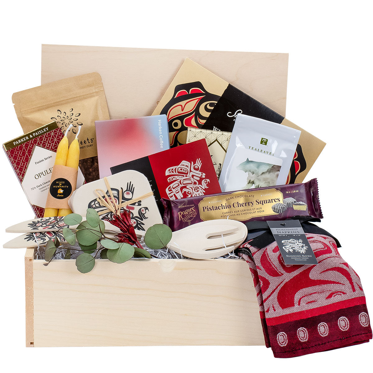 Gourmet gift box featuring Pacific Northwest products including Running Raven designs by Ts’msyen artist Morgan Asoyuf.